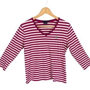 Ralph Lauren Sport Women's Striped V-Neck Top Pink White 3/4 Sleeve M Preppy